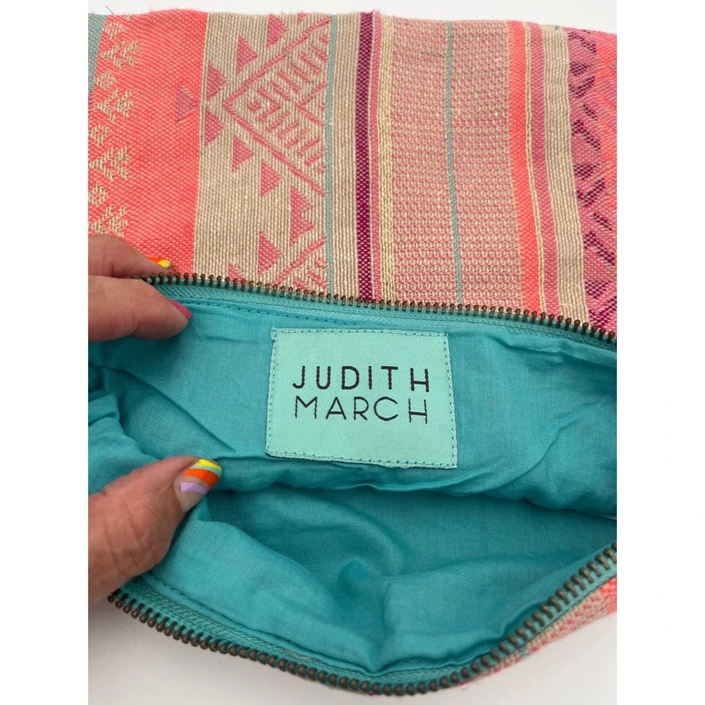 Judith March Woven Tribal Makeup Bag Pink Coral Tassel Zipper Pouch Clutch